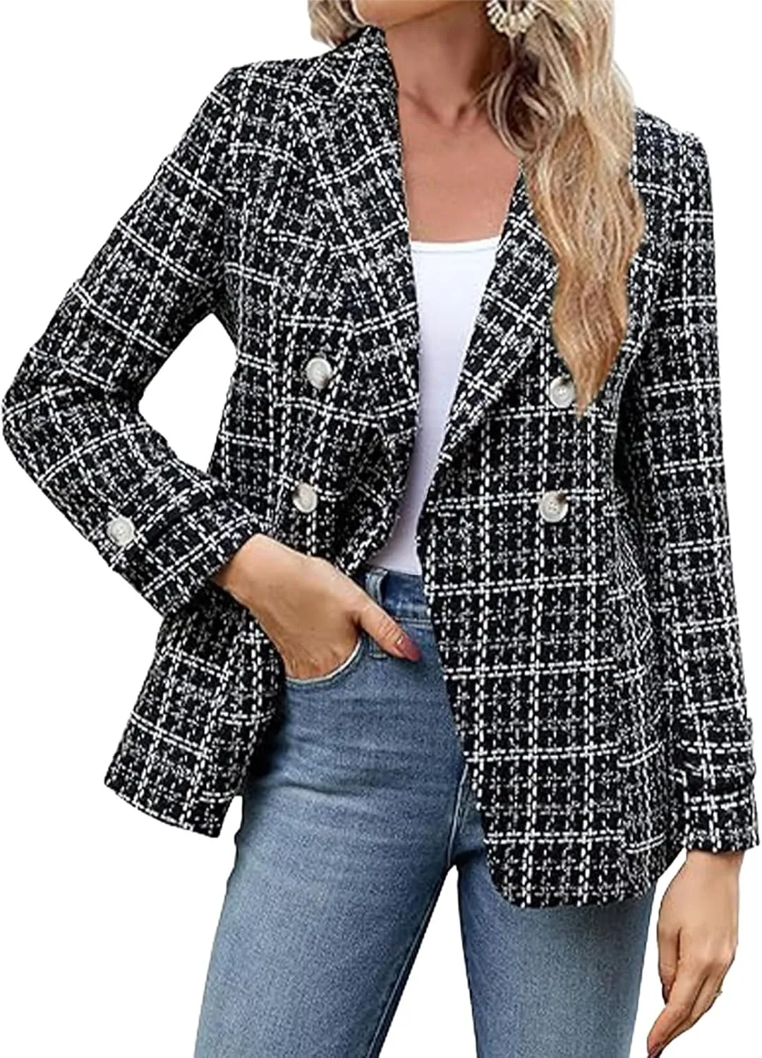 Womens Tweed Blazer Jackets Fall Winter Warm Fashion Casual Open Front Business Elegant Work Suit Top Pocket