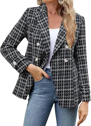 Womens Tweed Blazer Jackets Fall Winter Warm Fashion Casual Open Front Business Elegant Work Suit Top Pocket