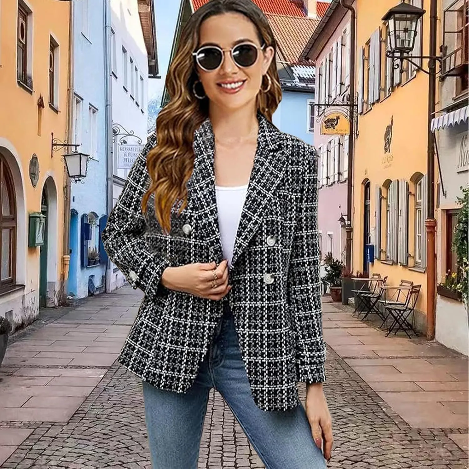 Womens Tweed Blazer Jackets Fall Winter Warm Fashion Casual Open Front Business Elegant Work Suit Top Pocket