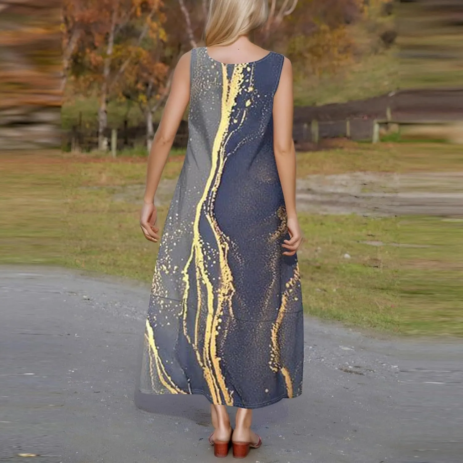 Women's U Neck Maxi Sundress Gradient Color Sleeveless Flowy Cover Up Long Tank Dress with Pocket