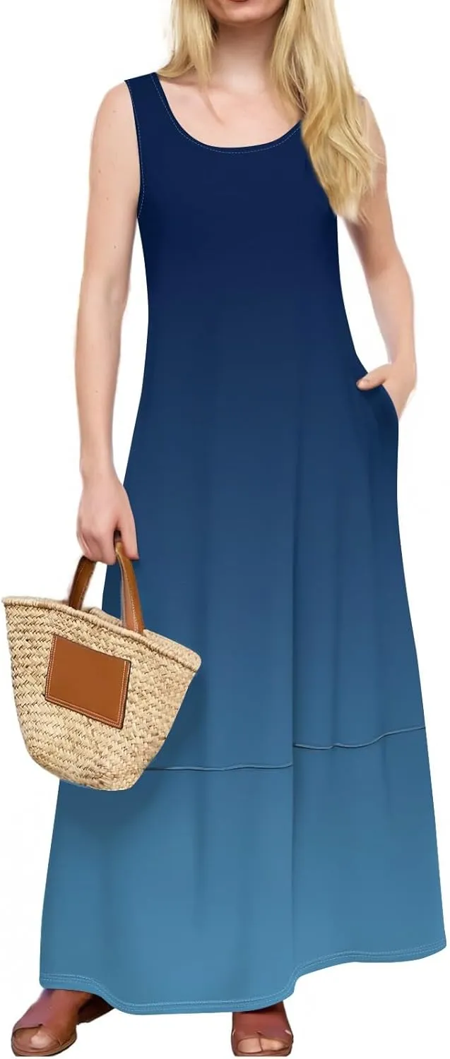 Women's U Neck Maxi Sundress Gradient Color Sleeveless Flowy Cover Up Long Tank Dress with Pocket