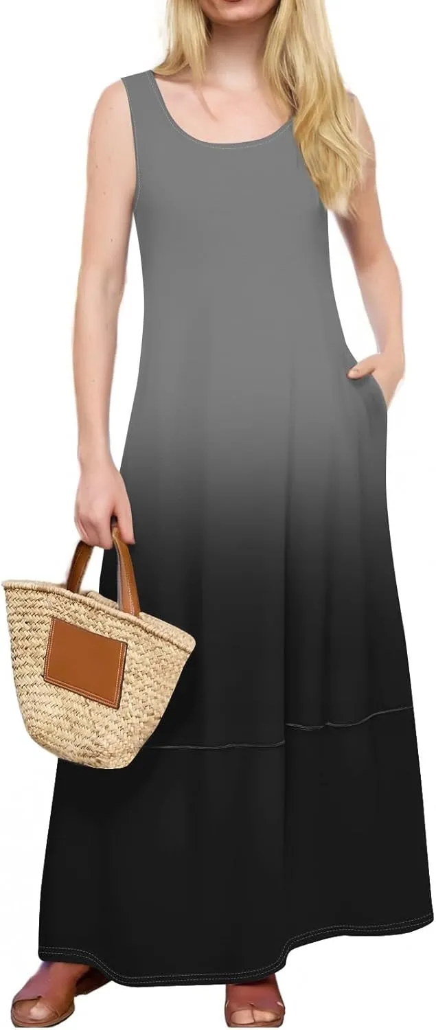 Women's U Neck Maxi Sundress Gradient Color Sleeveless Flowy Cover Up Long Tank Dress with Pocket