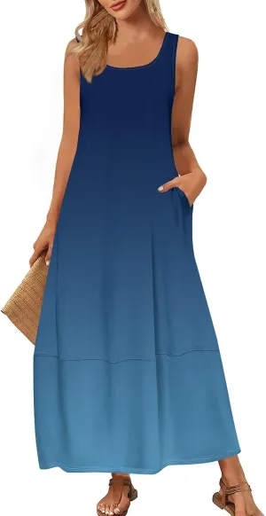 Women's U Neck Maxi Sundress Gradient Color Sleeveless Flowy Cover Up Long Tank Dress with Pocket