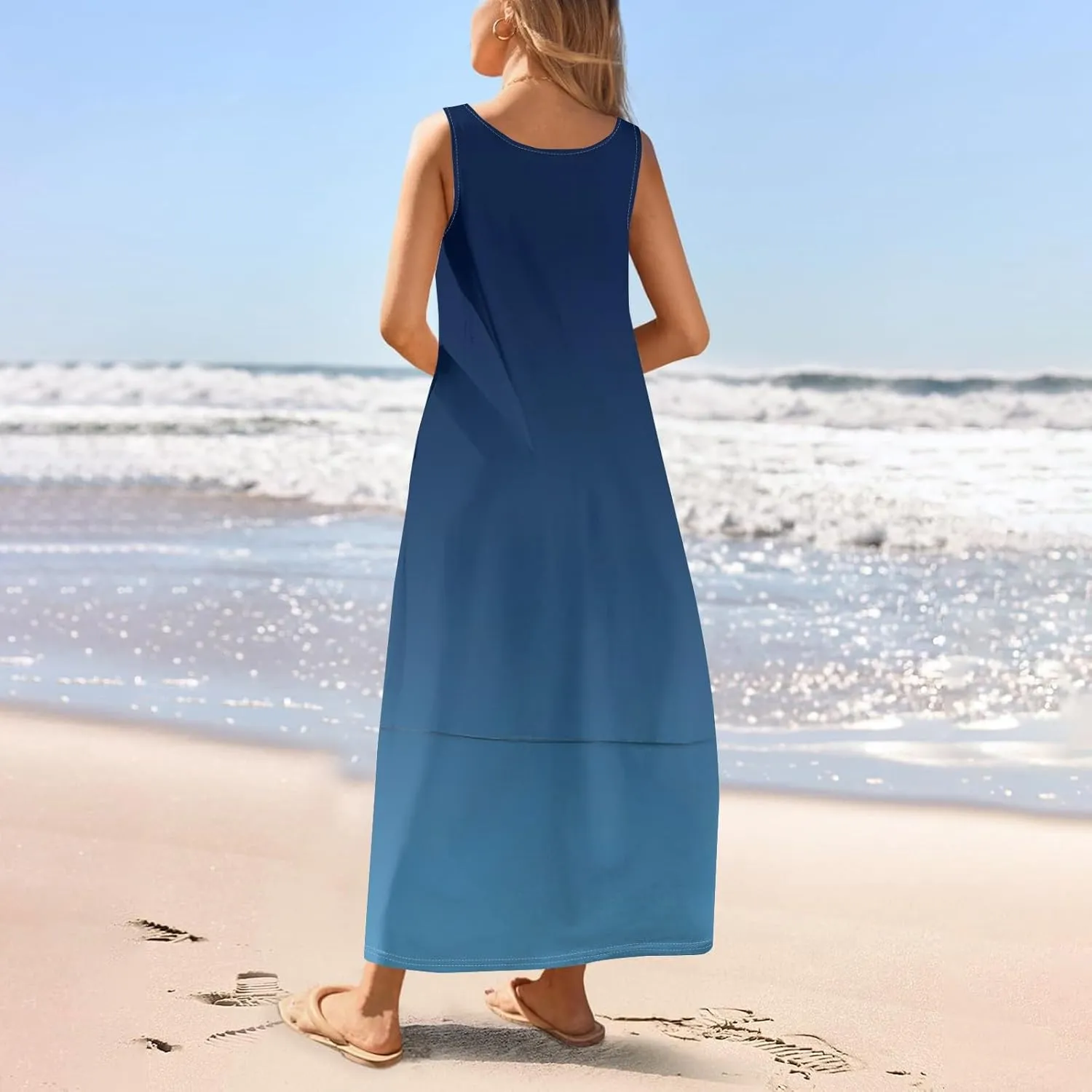 Women's U Neck Maxi Sundress Gradient Color Sleeveless Flowy Cover Up Long Tank Dress with Pocket
