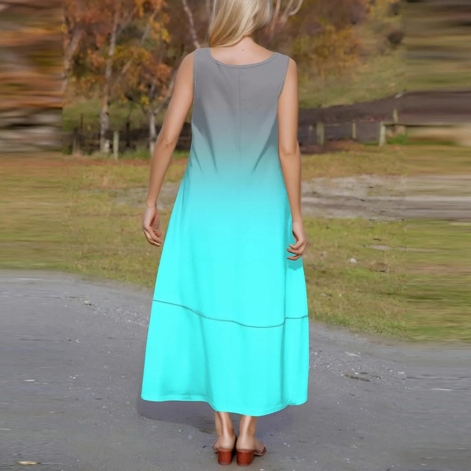 Women's U Neck Maxi Sundress Gradient Color Sleeveless Flowy Cover Up Long Tank Dress with Pocket