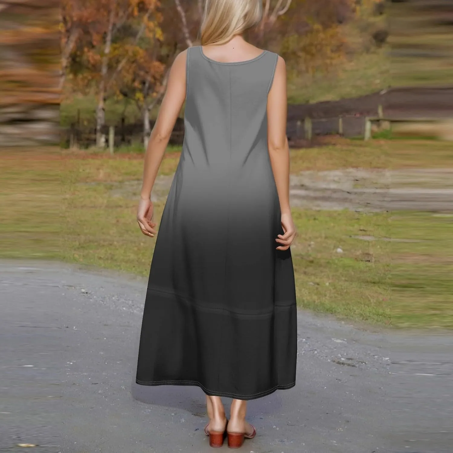 Women's U Neck Maxi Sundress Gradient Color Sleeveless Flowy Cover Up Long Tank Dress with Pocket
