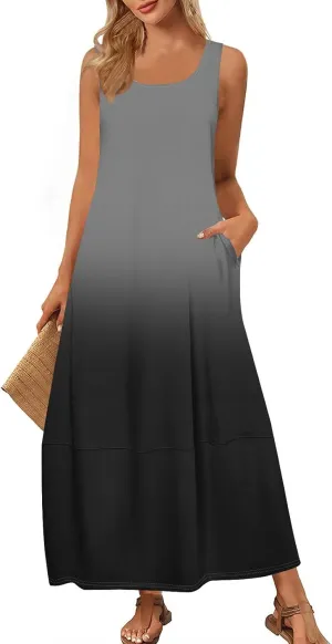 Women's U Neck Maxi Sundress Gradient Color Sleeveless Flowy Cover Up Long Tank Dress with Pocket