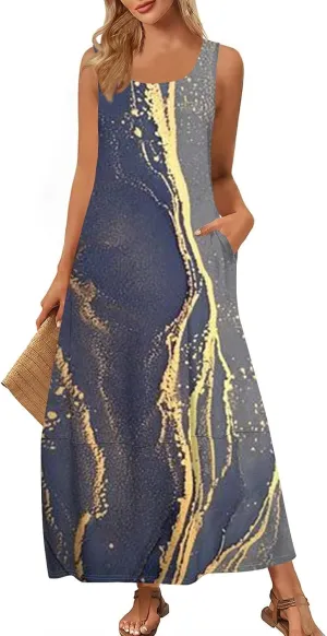Women's U Neck Maxi Sundress Gradient Color Sleeveless Flowy Cover Up Long Tank Dress with Pocket