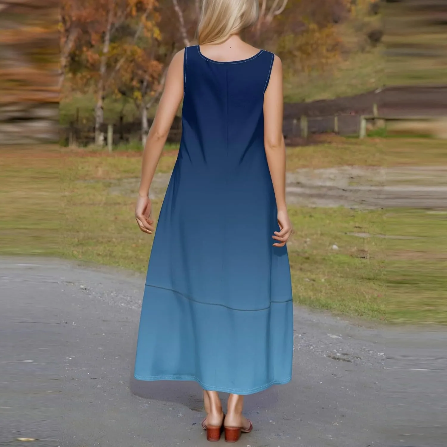 Women's U Neck Maxi Sundress Gradient Color Sleeveless Flowy Cover Up Long Tank Dress with Pocket