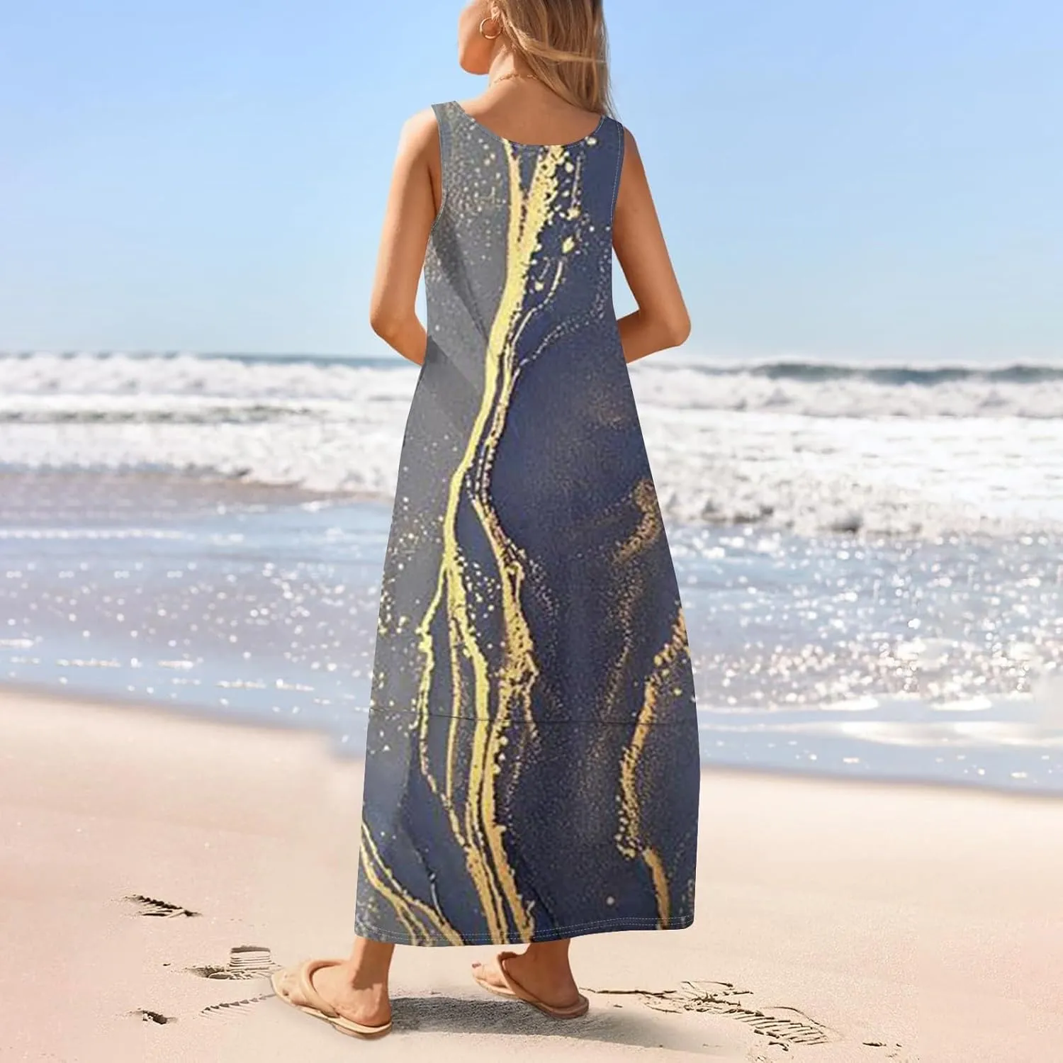 Women's U Neck Maxi Sundress Gradient Color Sleeveless Flowy Cover Up Long Tank Dress with Pocket
