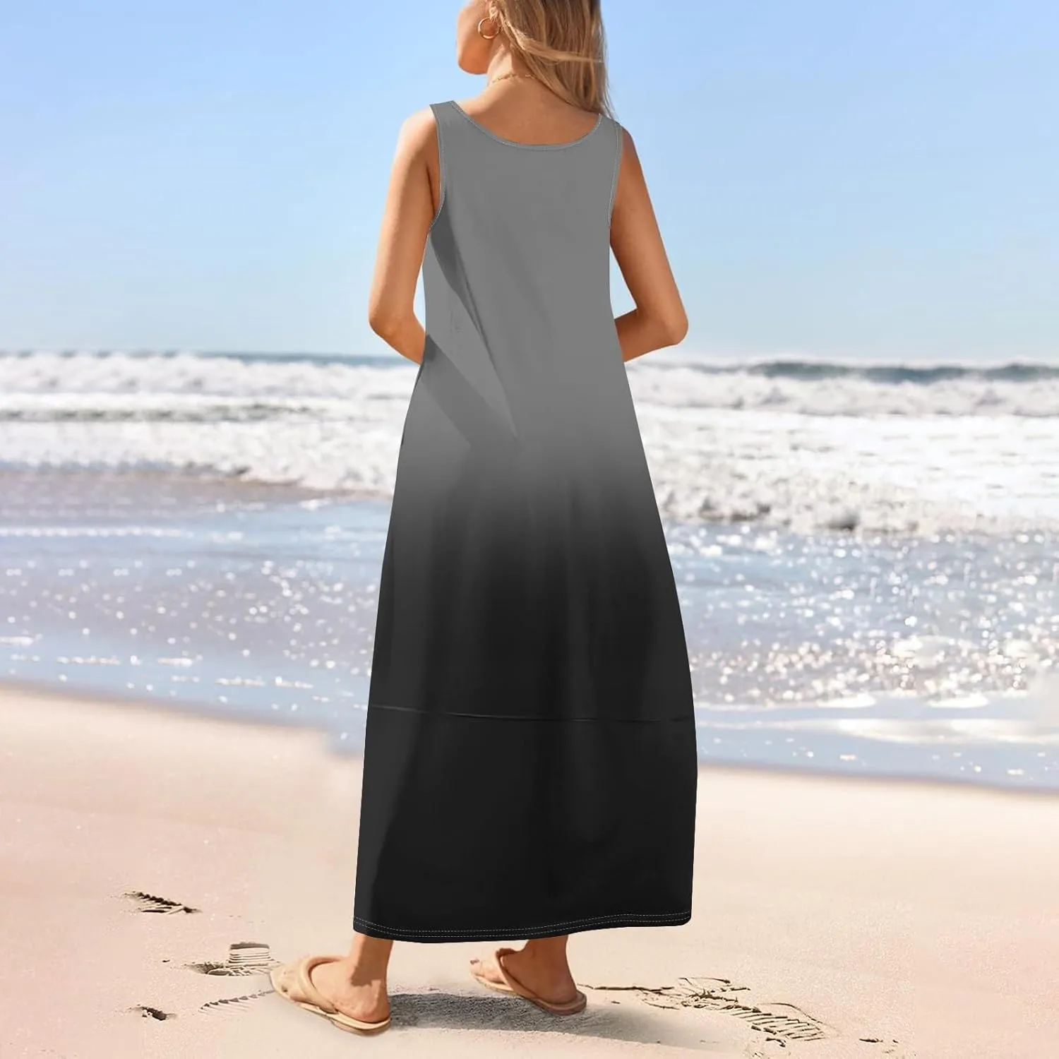 Women's U Neck Maxi Sundress Gradient Color Sleeveless Flowy Cover Up Long Tank Dress with Pocket