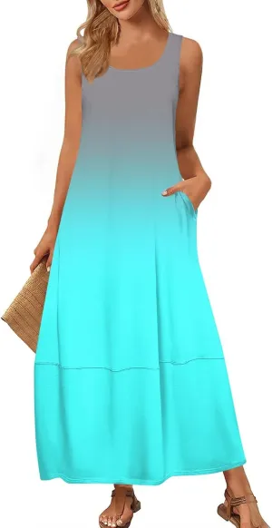 Women's U Neck Maxi Sundress Gradient Color Sleeveless Flowy Cover Up Long Tank Dress with Pocket