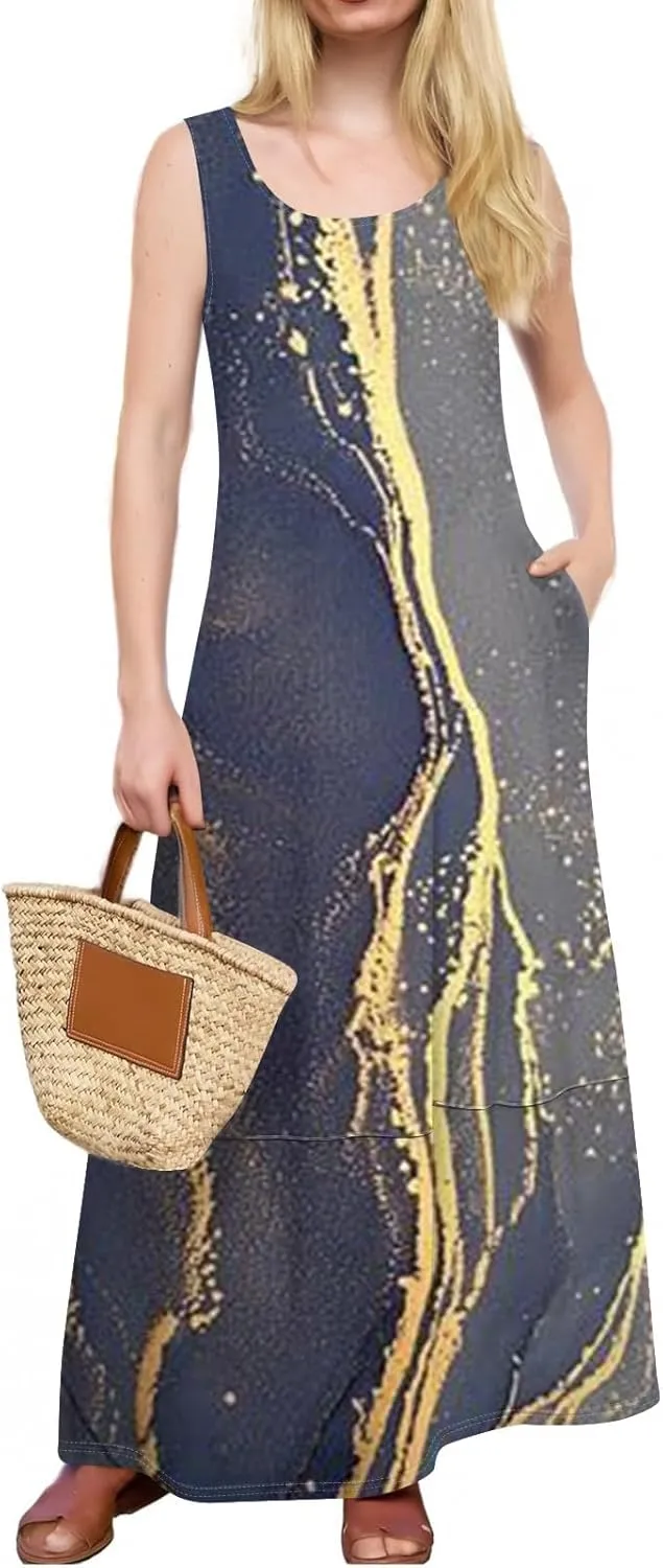 Women's U Neck Maxi Sundress Gradient Color Sleeveless Flowy Cover Up Long Tank Dress with Pocket