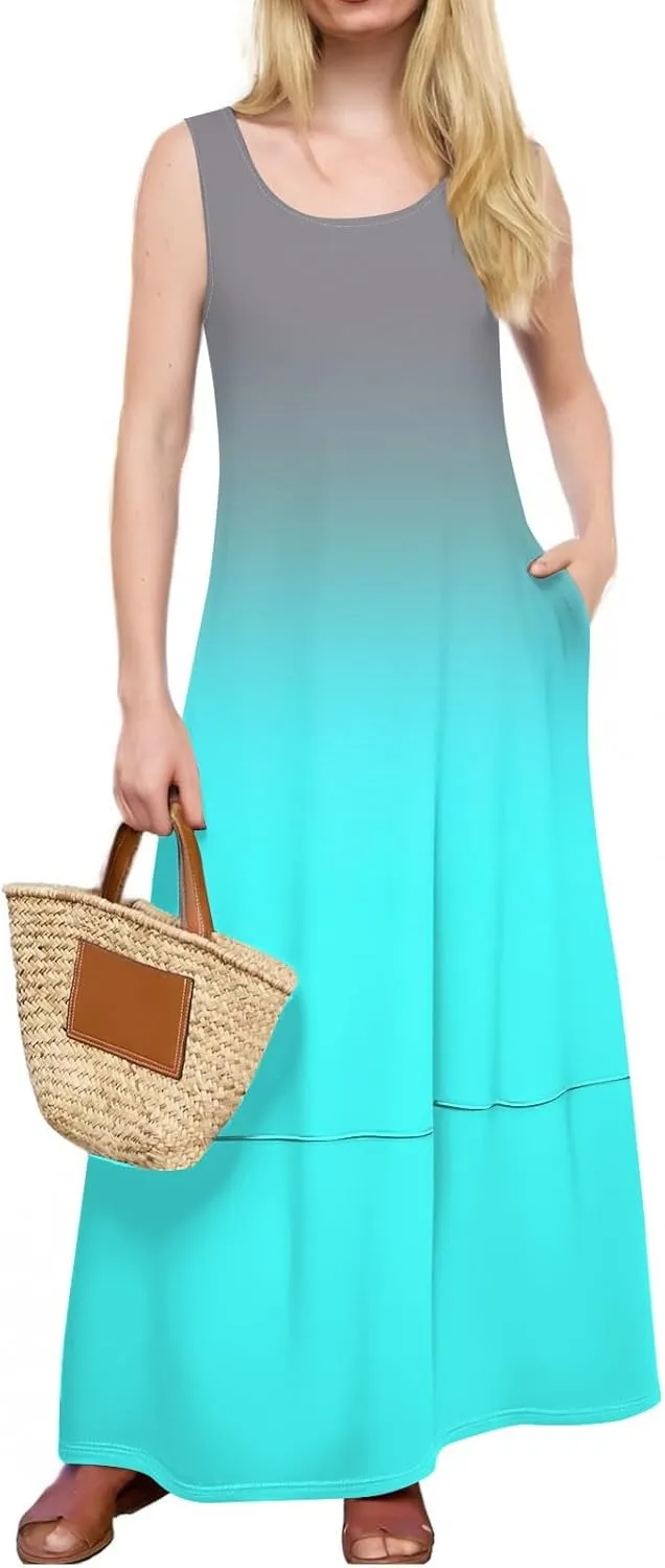 Women's U Neck Maxi Sundress Gradient Color Sleeveless Flowy Cover Up Long Tank Dress with Pocket