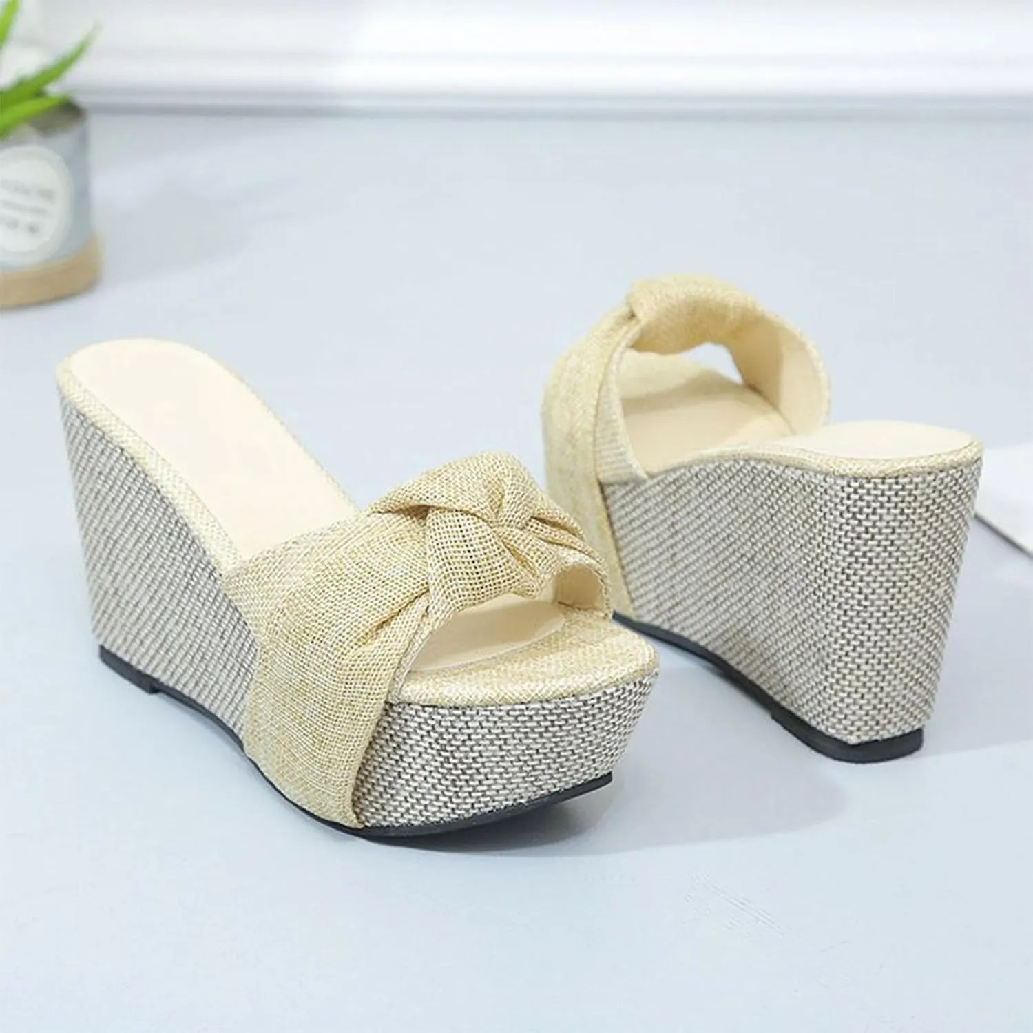 Women's Wedge Platform Sandals Boho Espadrille Bowtie High Heels Slip On Casual Summer Beach Open Toe Mules for Women