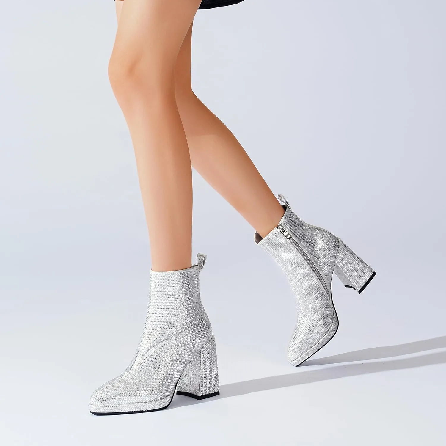 Women's Western Rheinstone Cowboy Boots Block Heel Pointed Toe Flash Ankle Boots for Outdoor Party Side Zip Comfort Booties