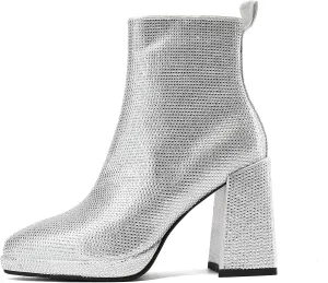 Women's Western Rheinstone Cowboy Boots Block Heel Pointed Toe Flash Ankle Boots for Outdoor Party Side Zip Comfort Booties