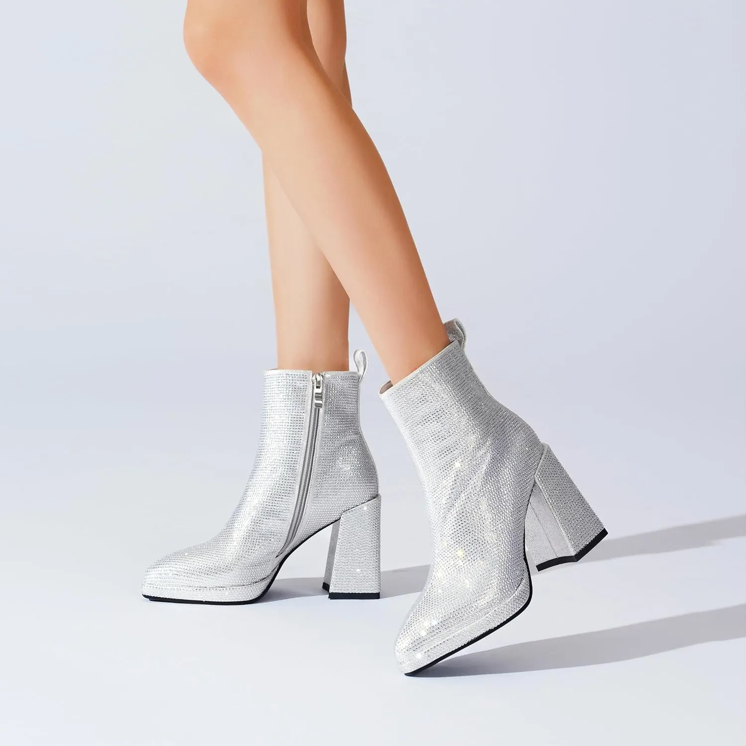 Women's Western Rheinstone Cowboy Boots Block Heel Pointed Toe Flash Ankle Boots for Outdoor Party Side Zip Comfort Booties