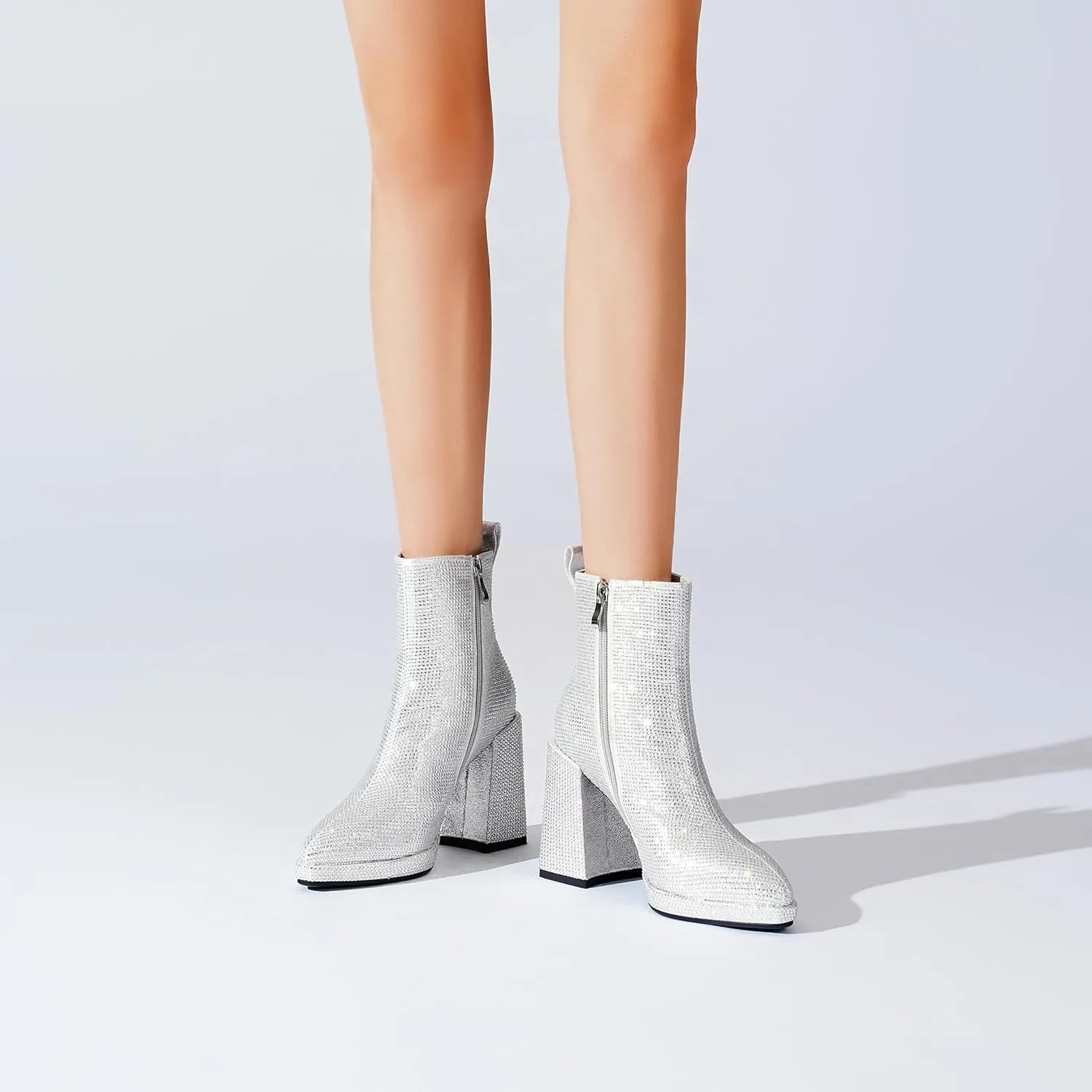 Women's Western Rheinstone Cowboy Boots Block Heel Pointed Toe Flash Ankle Boots for Outdoor Party Side Zip Comfort Booties