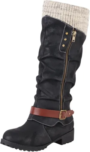 Women's Winter Side Zipper Color Blocking Knitting Wool Low Heel Medium Boots Snip Toe Boots