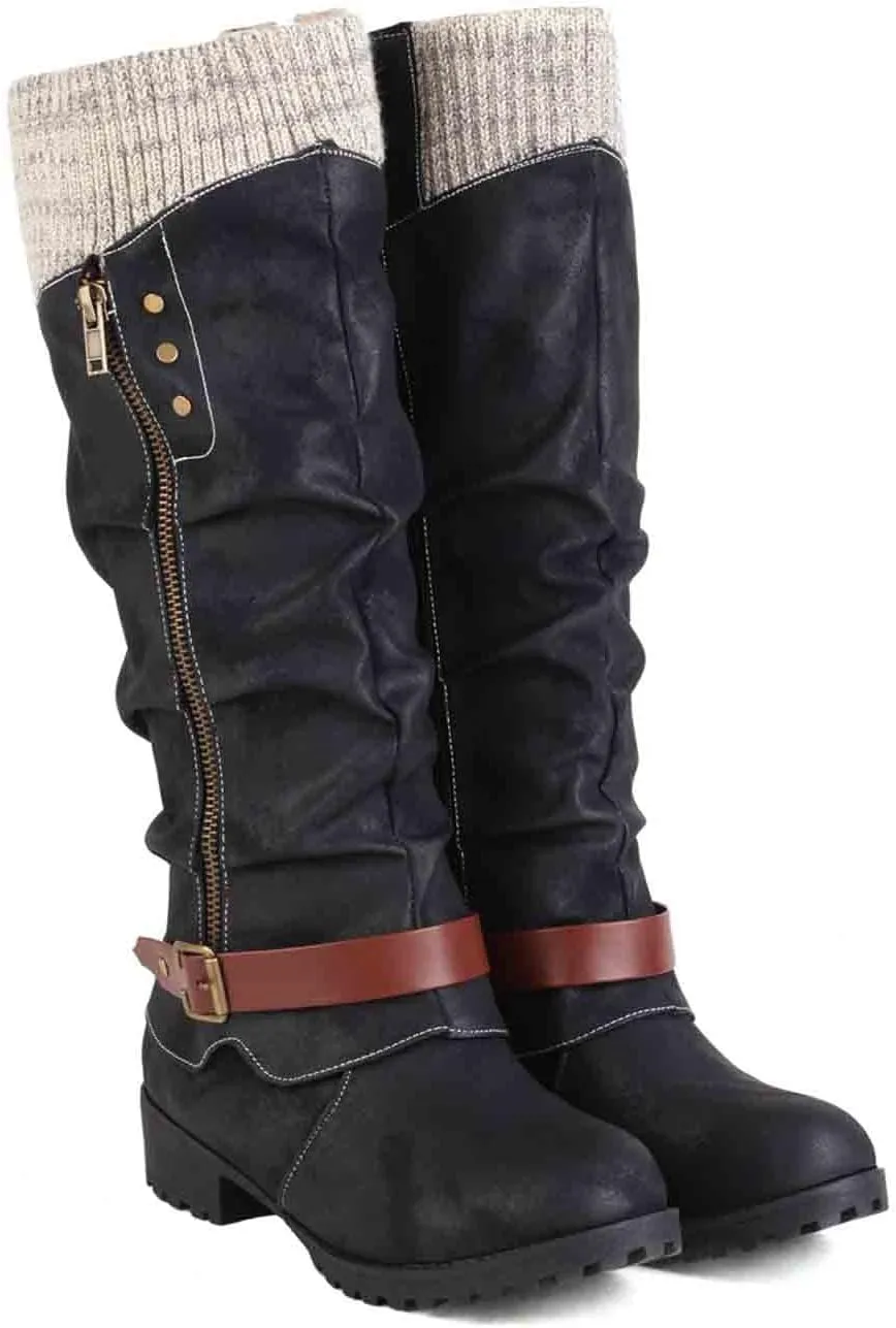 Women's Winter Side Zipper Color Blocking Knitting Wool Low Heel Medium Boots Snip Toe Boots