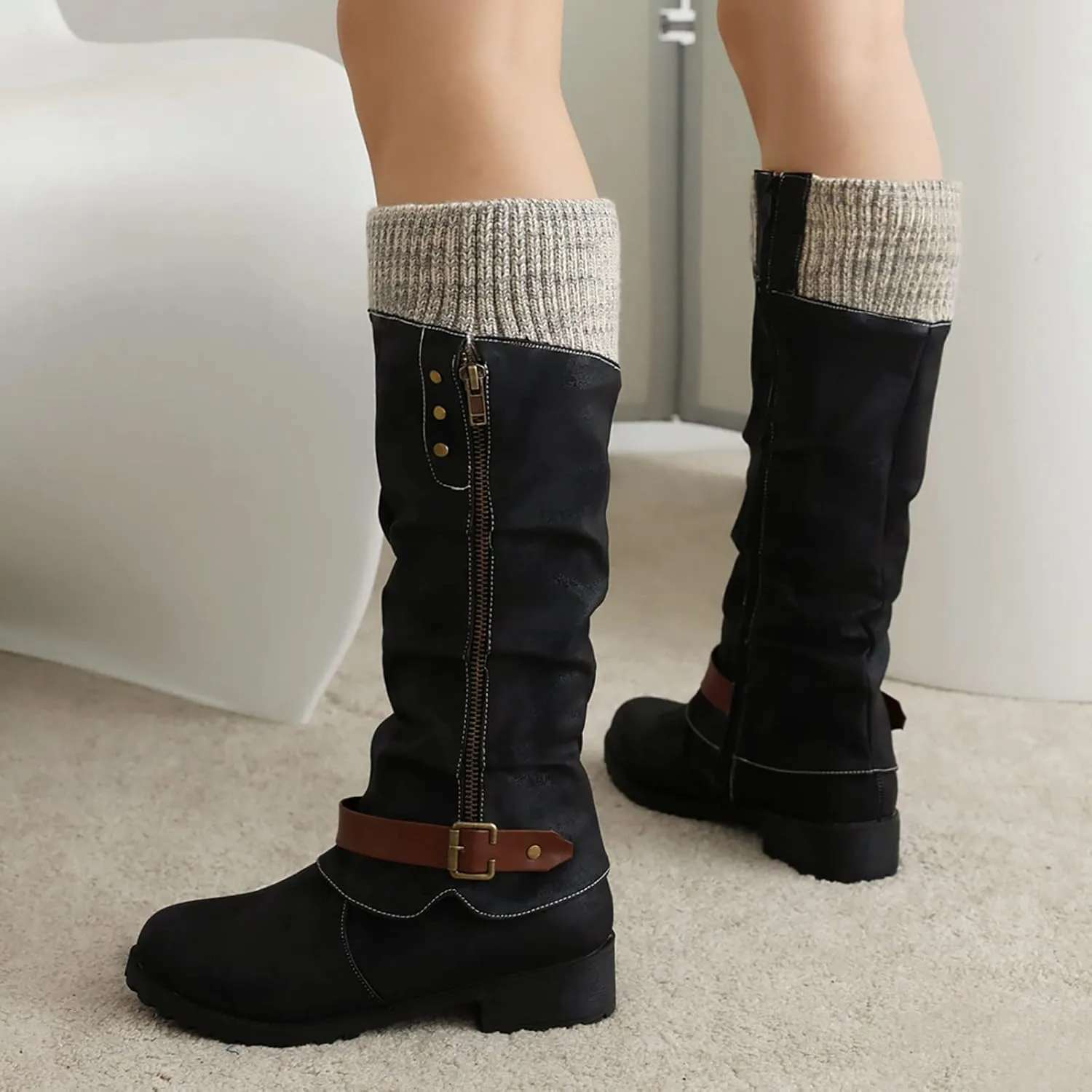 Women's Winter Side Zipper Color Blocking Knitting Wool Low Heel Medium Boots Snip Toe Boots