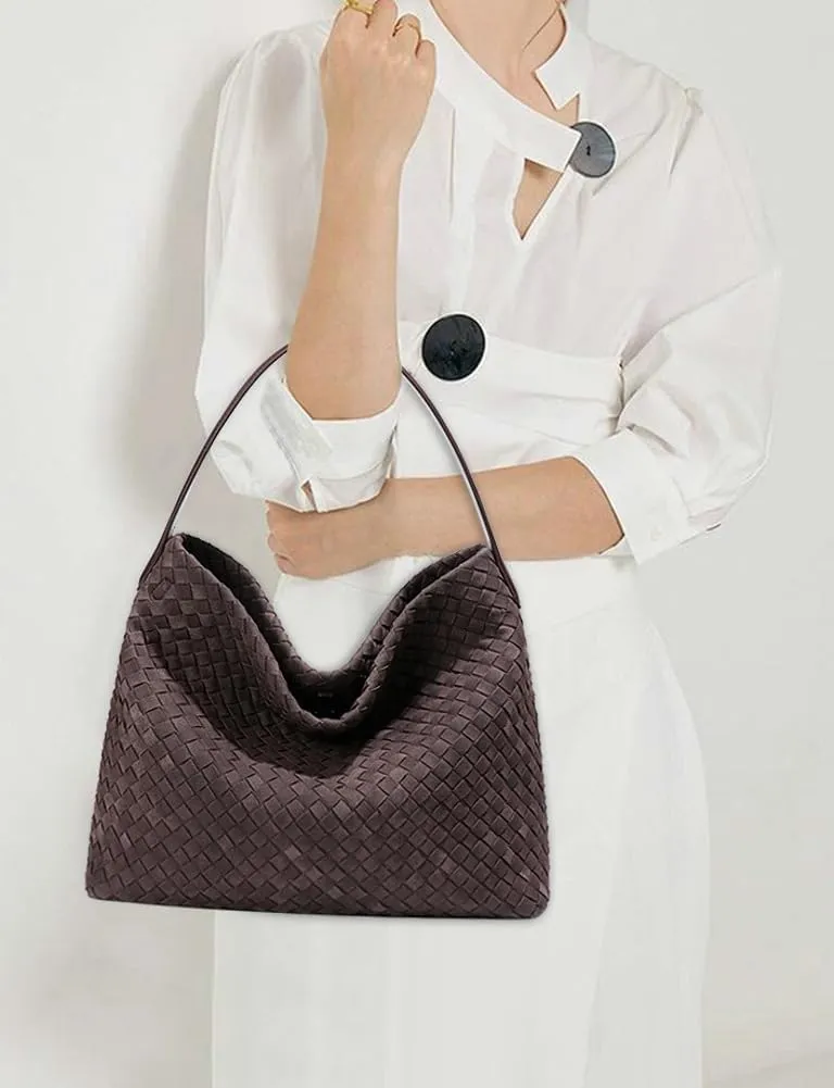 Women's Woven Shoulder Bag Handbags PU Leather Tote Bag Top-handle Shoulder Bag Soft Vegan Underarm Bag Woven Purse Clutch