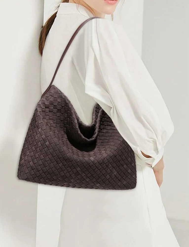 Women's Woven Shoulder Bag Handbags PU Leather Tote Bag Top-handle Shoulder Bag Soft Vegan Underarm Bag Woven Purse Clutch