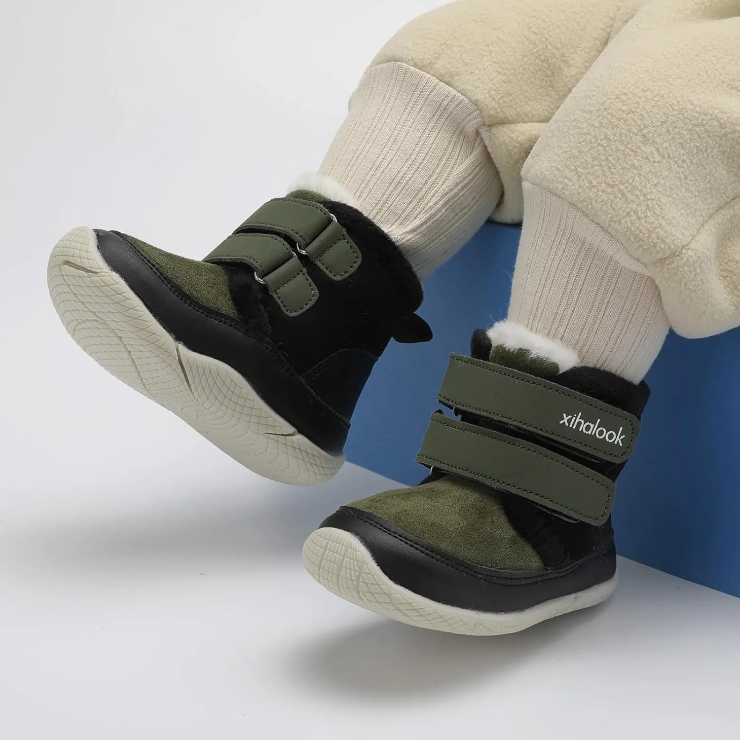 XIHALOOK Toddler Boys Girls Winter Boots Cold Weather Kids Warm Faux Fur Shoes with Two Hook and Loop