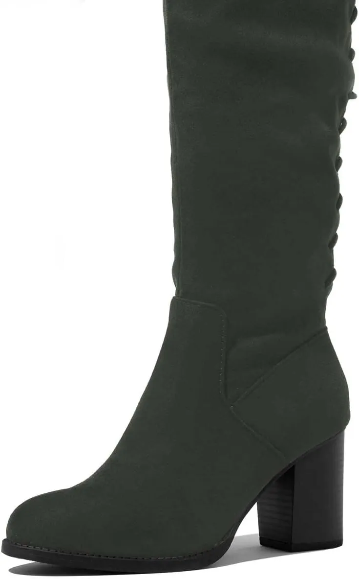 XYD Women Back Lace Up Knee High Boots Suede Chunky Mid Heel Stretch Sexy Thigh High Plicate Pull On Style Round Toe Winter Warm Dress Shoes