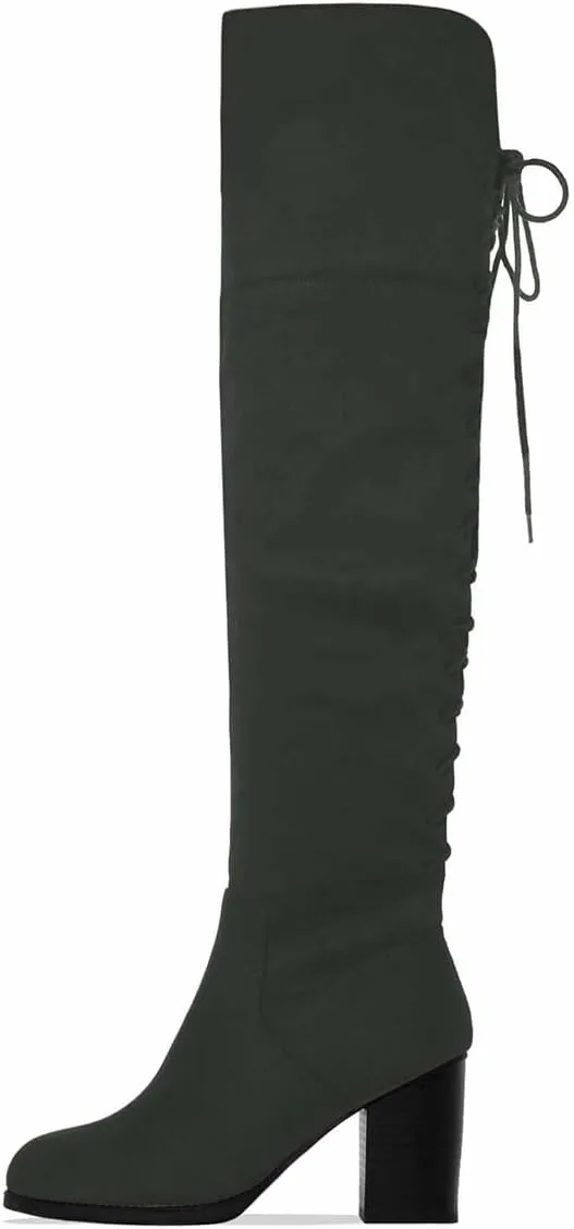 XYD Women Back Lace Up Knee High Boots Suede Chunky Mid Heel Stretch Sexy Thigh High Plicate Pull On Style Round Toe Winter Warm Dress Shoes
