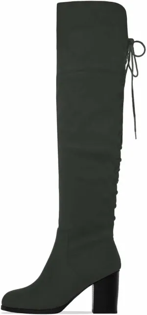 XYD Women Back Lace Up Knee High Boots Suede Chunky Mid Heel Stretch Sexy Thigh High Plicate Pull On Style Round Toe Winter Warm Dress Shoes