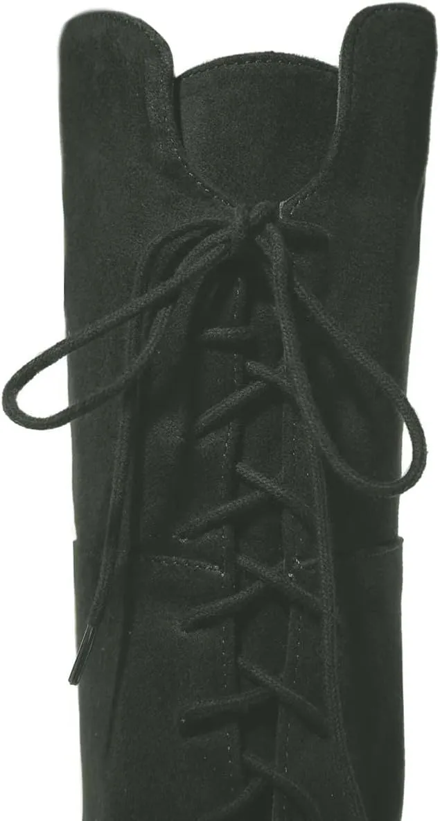 XYD Women Back Lace Up Knee High Boots Suede Chunky Mid Heel Stretch Sexy Thigh High Plicate Pull On Style Round Toe Winter Warm Dress Shoes
