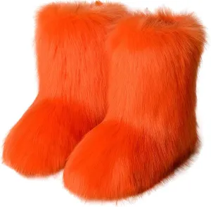 YESBOR Women's Faux Fur Boots Fluffy Mid-Calf Fuzzy Winter Snow Boots Outdoor Flat Shoes