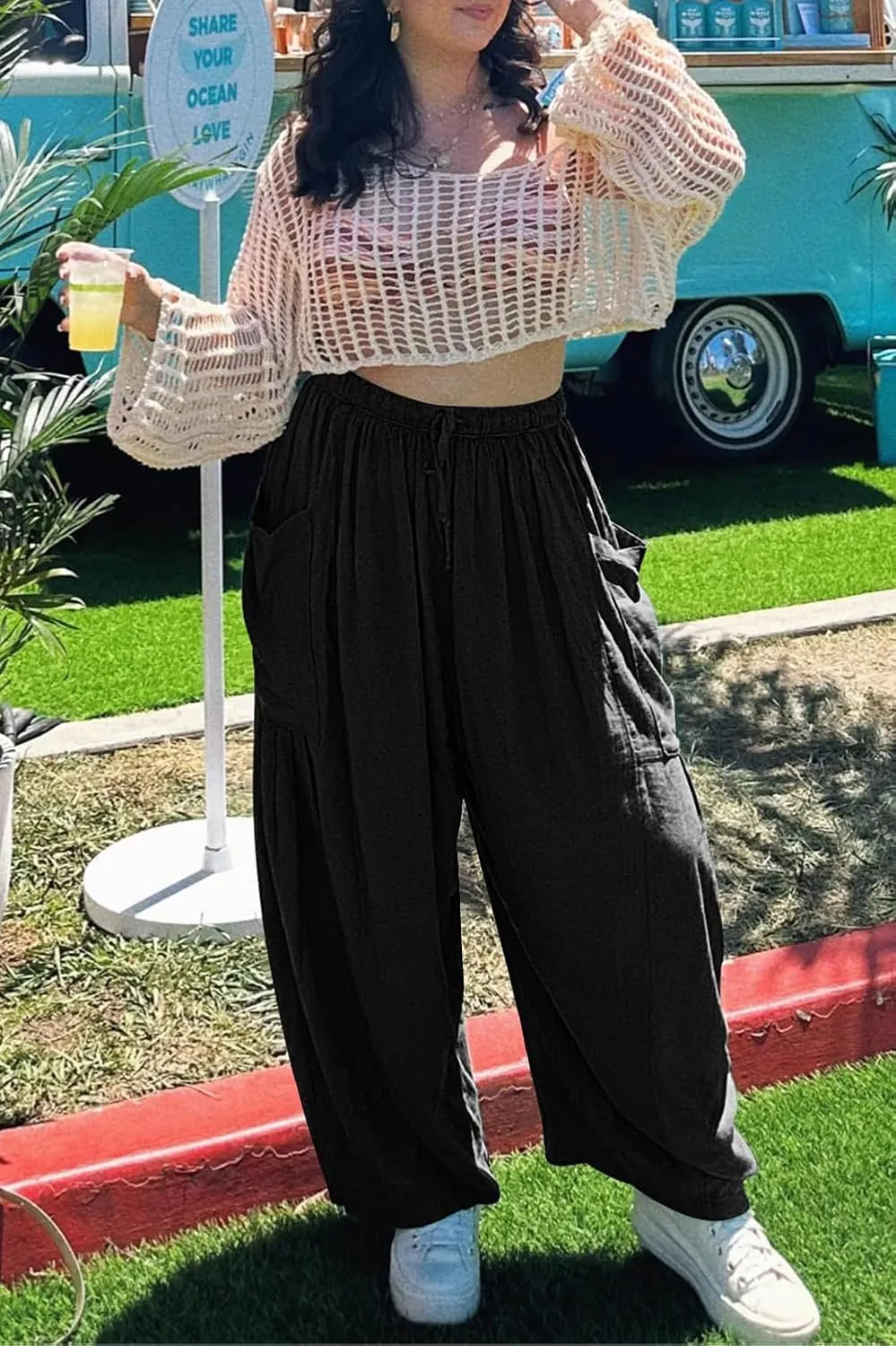 YOCUR Women Summer Beach Vacation Pants High Waisted Wide Leg Pants Printed Loose Flowy Casual Palazzo Lounge Trousers