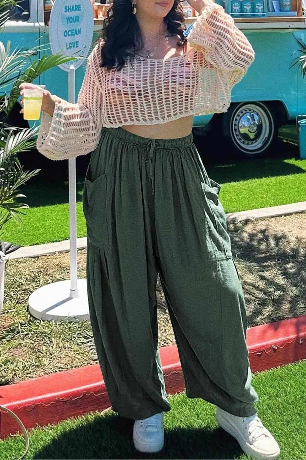 YOCUR Women Summer Beach Vacation Pants High Waisted Wide Leg Pants Printed Loose Flowy Casual Palazzo Lounge Trousers