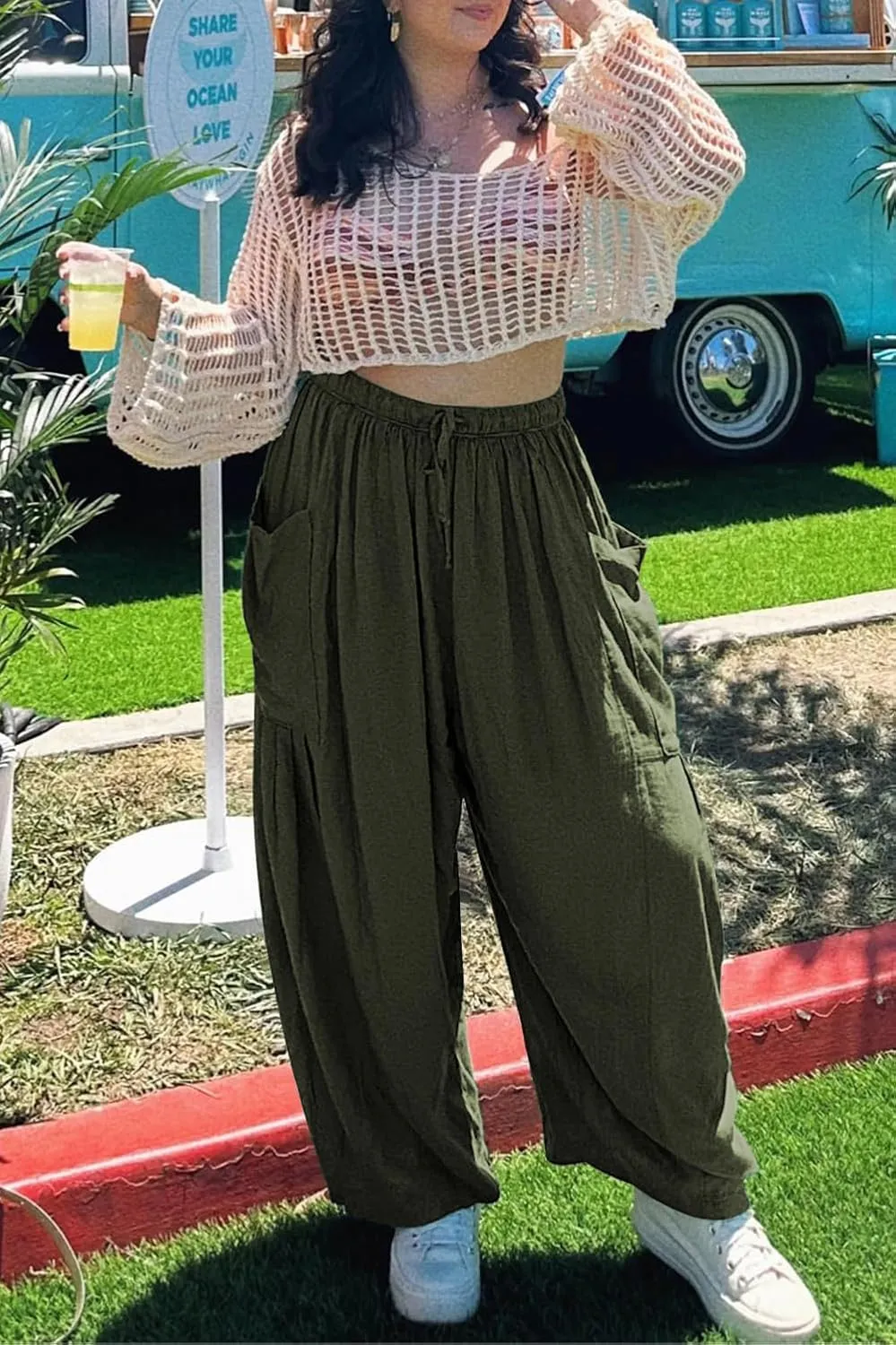 YOCUR Women Summer Beach Vacation Pants High Waisted Wide Leg Pants Printed Loose Flowy Casual Palazzo Lounge Trousers