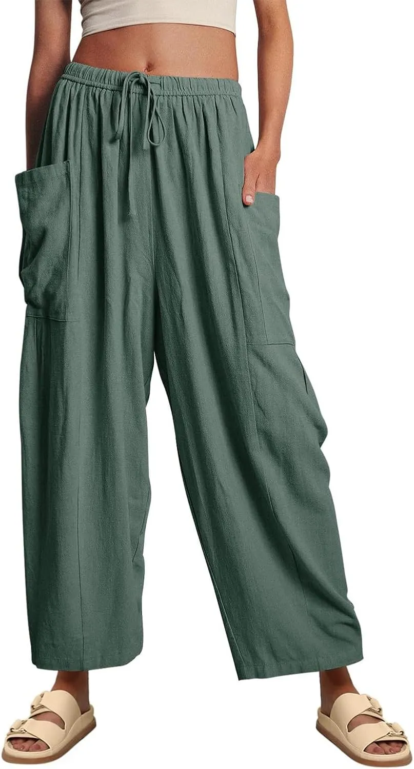 YOCUR Women Summer Beach Vacation Pants High Waisted Wide Leg Pants Printed Loose Flowy Casual Palazzo Lounge Trousers