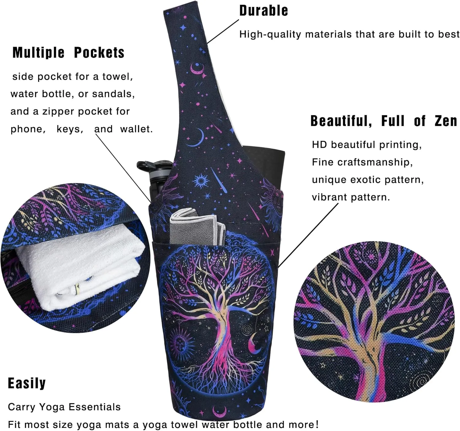 Yoga Mat Bag - Long Tote with Pockets - Holds More Accessories - Fits Most Mats