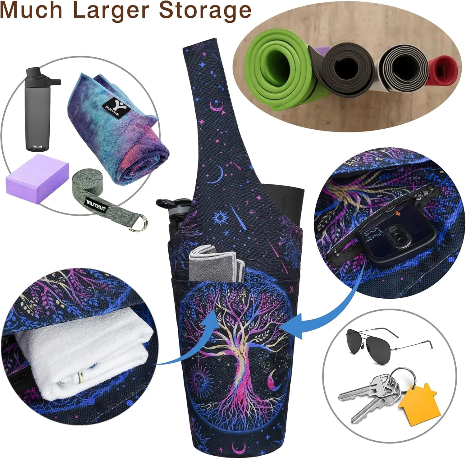 Yoga Mat Bag - Long Tote with Pockets - Holds More Accessories - Fits Most Mats