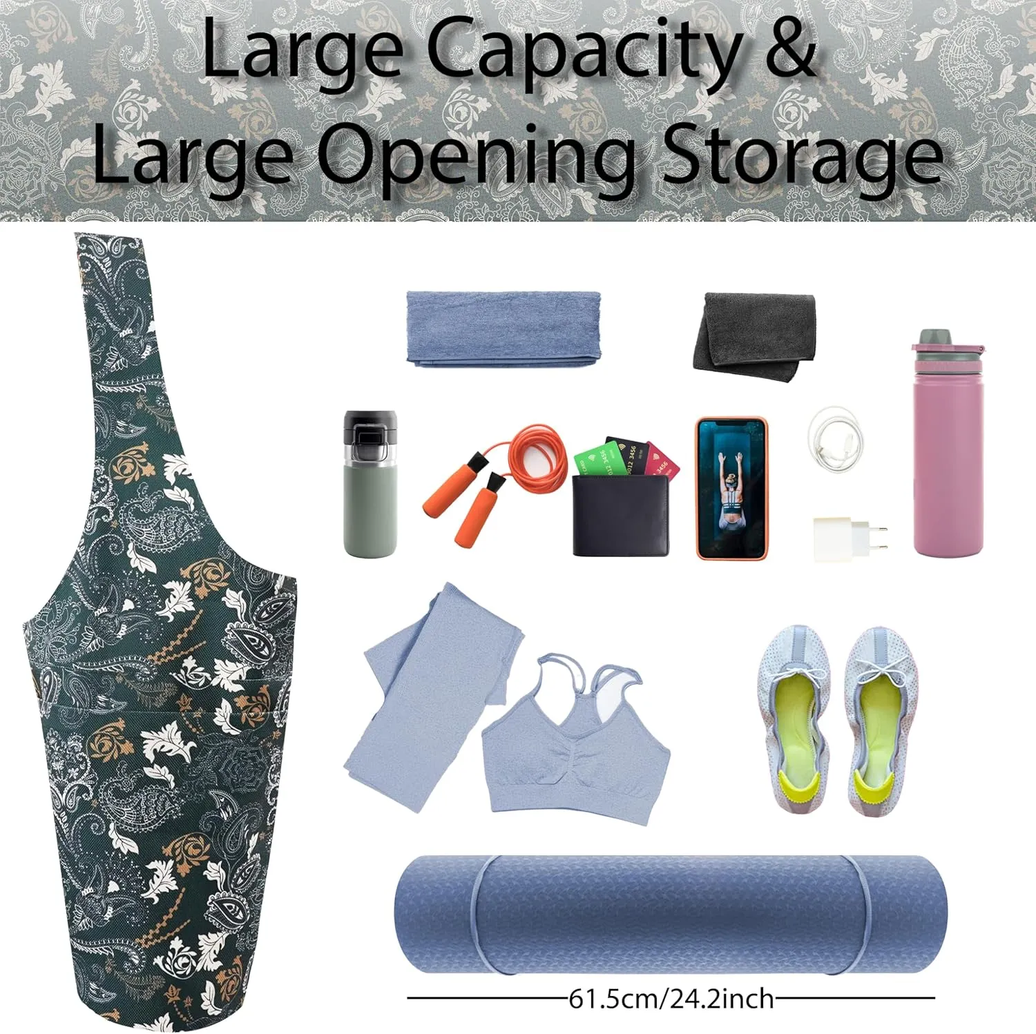 Yoga Mat Bag Yoga Tote Bag with Large Pocket and Zipper Pocket Yoga Mat Bag Carrier Fit Most Size Mats and All You Stuff