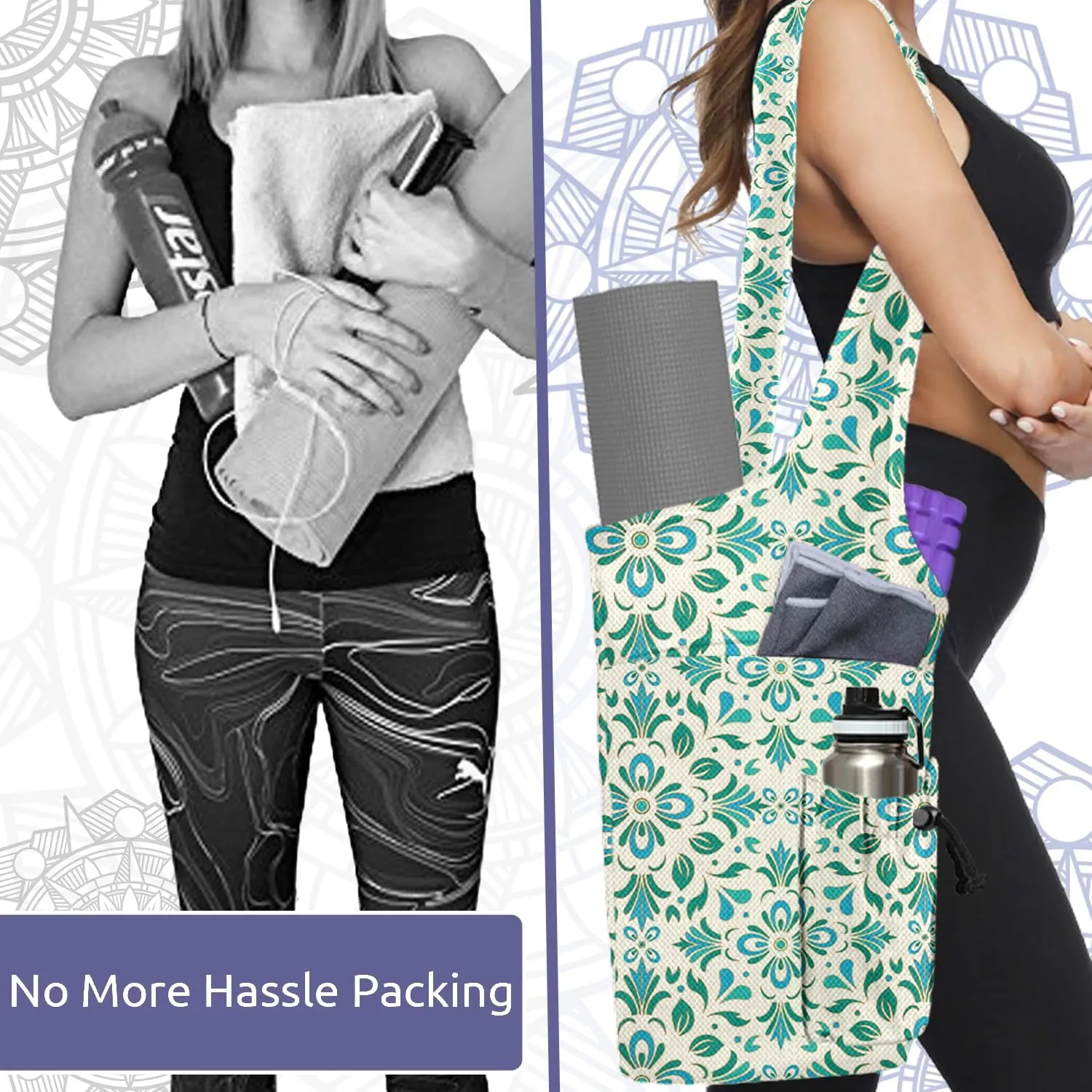 Yoga Mat Bags for Women Yoga Bags with Large Size Pocket and Zipper Pocket,Black and White Mandala- Yoga Bags and Carriers Fits All Your Stuff