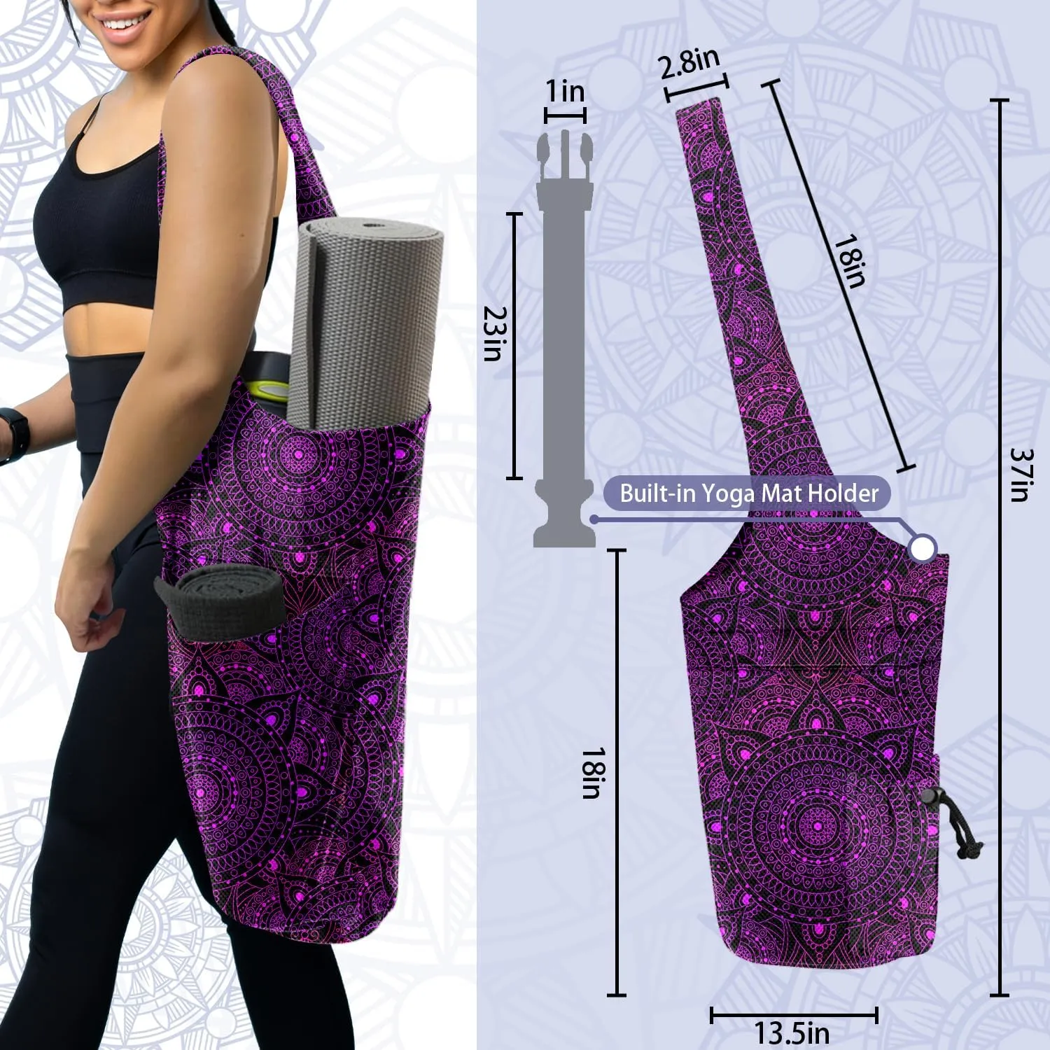 Yoga Mat Bags for Women Yoga Bags with Large Size Pocket and Zipper Pocket,Black and White Mandala- Yoga Bags and Carriers Fits All Your Stuff