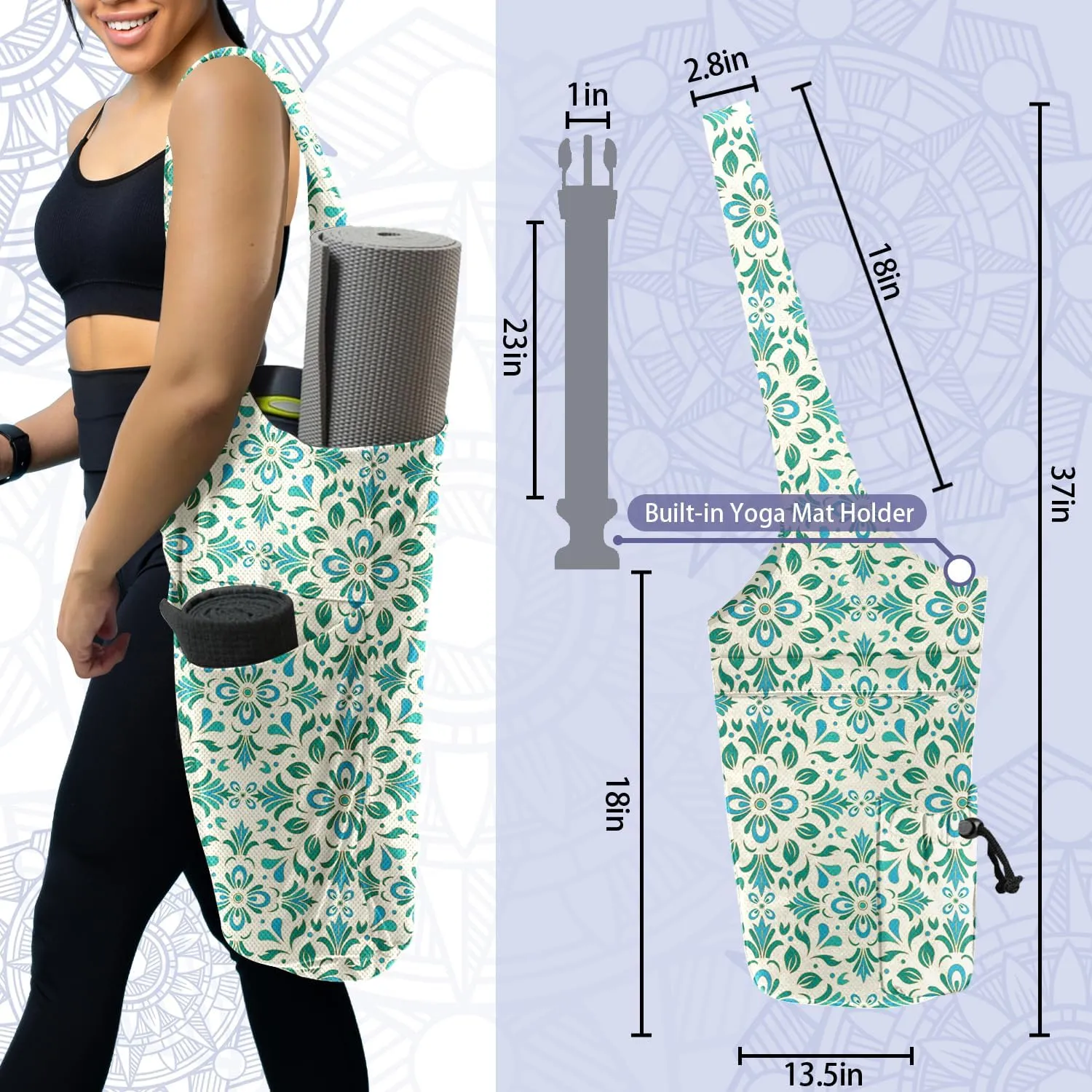 Yoga Mat Bags for Women Yoga Bags with Large Size Pocket and Zipper Pocket,Black and White Mandala- Yoga Bags and Carriers Fits All Your Stuff