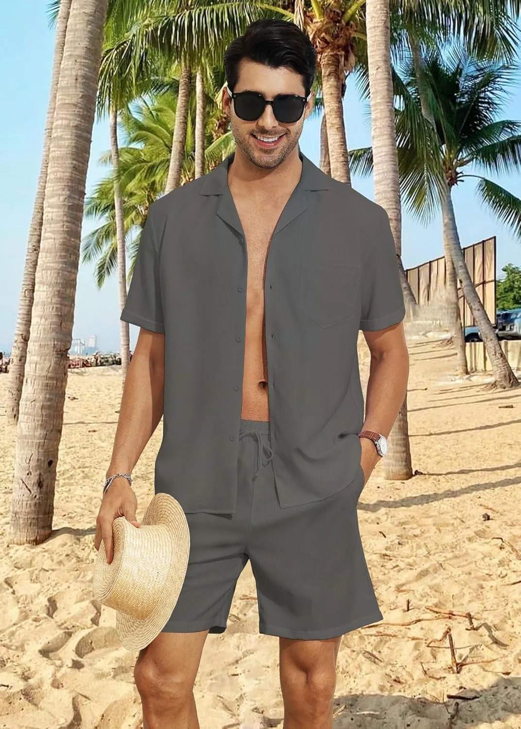 YTD Men's 2 Pieces Shirt Set Short Sleeve Button Down Casual Hippie Holiday Beach T-Shirts Shorts Outfits