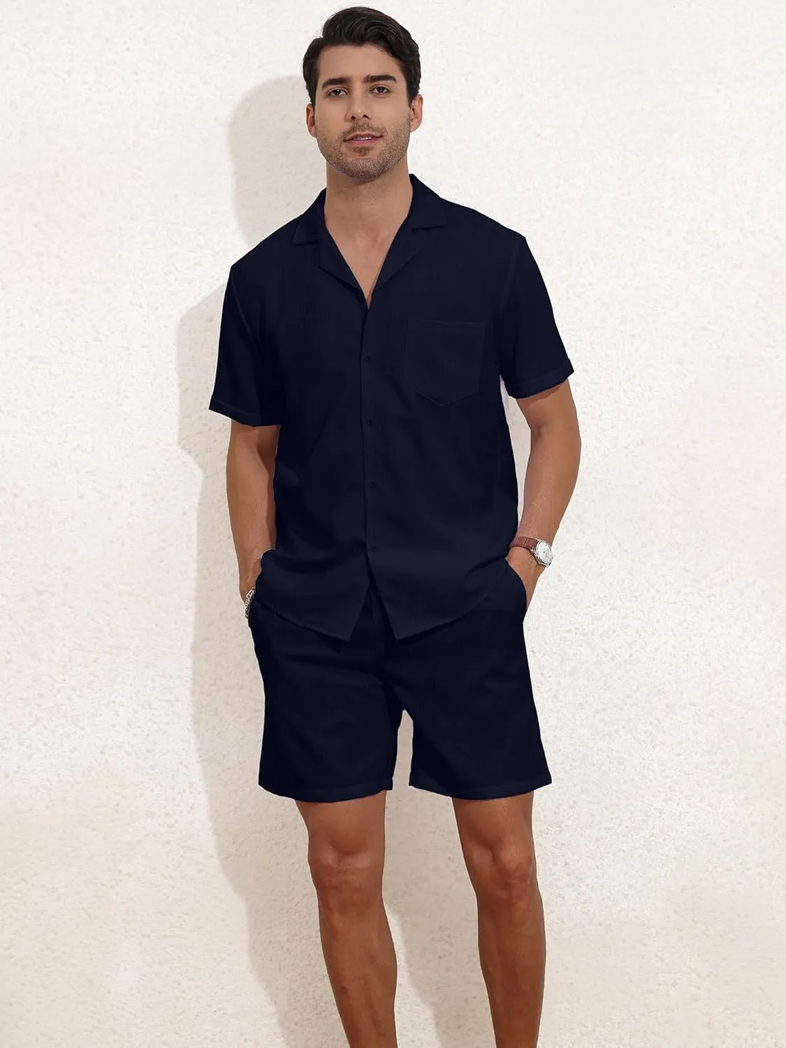 YTD Men's 2 Pieces Shirt Set Short Sleeve Button Down Casual Hippie Holiday Beach T-Shirts Shorts Outfits