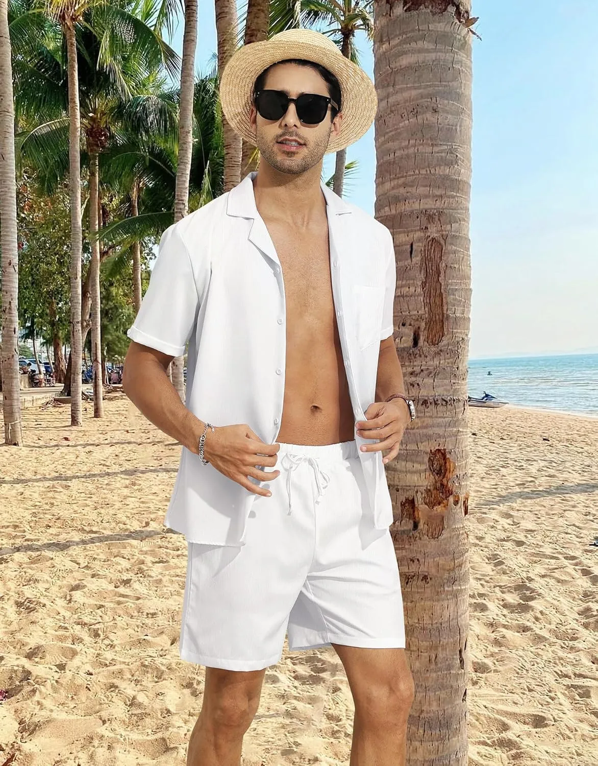 YTD Men's 2 Pieces Shirt Set Short Sleeve Button Down Casual Hippie Holiday Beach T-Shirts Shorts Outfits