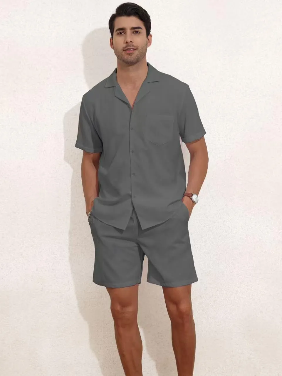 YTD Men's 2 Pieces Shirt Set Short Sleeve Button Down Casual Hippie Holiday Beach T-Shirts Shorts Outfits