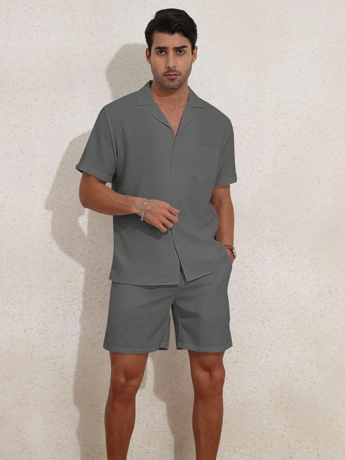 YTD Men's 2 Pieces Shirt Set Short Sleeve Button Down Casual Hippie Holiday Beach T-Shirts Shorts Outfits