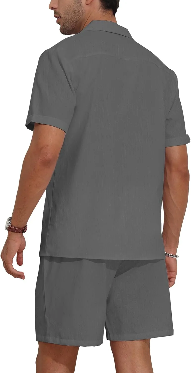 YTD Men's 2 Pieces Shirt Set Short Sleeve Button Down Casual Hippie Holiday Beach T-Shirts Shorts Outfits